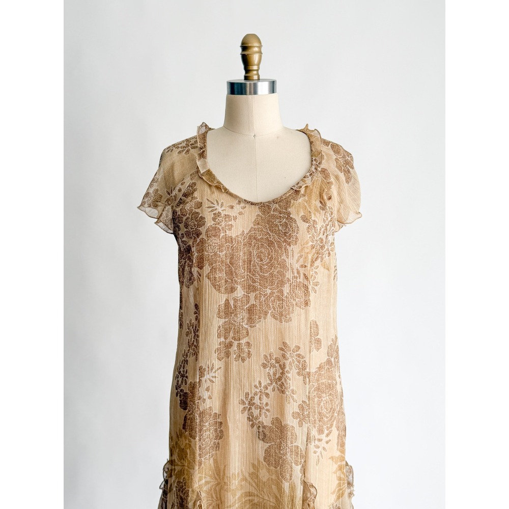 Vintage Boho Emma James Floral Midi Dress 10P Tan Gold Metallic Ruffle Chiffon‎ - Picture 2 of 7